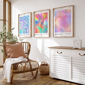 3 Preppy Retro Holographic Prints | Modern Wall Art | Neon Abstract Wall Decor | Aesthetic Room Decor | Digital Download PRINTABLE Wall Art