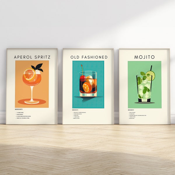 Set of 3 Cocktail Prints | Aperol Spritz, Old Fashioned, Mojito Retro Digital Art | Bar Cart Decor | Digital Download PRINTABLE Wall Art