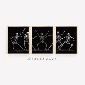 Dancing Skeleton Wall Art Triptych | Halloween Decor | Gothic Wall Art | Spooky Art | Digital Download Halloween PRINTABLE Skeleton Art