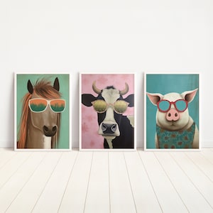 Set of 3 Sunglass Farm Animals Wall Art | Horse, Cow, Pig Art Prints | Colorful Modern Wall Decor | Digital Download PRINTABLE Animal Prints