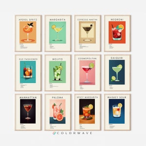 Set of 12 Cocktail Prints | Classic Cocktail Wall Art | Minimalist Alcohol Prints | Bar Cart Decor | Digital Download PRINTABLE Bar Cart Art