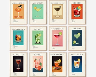 Set of 12 Cocktail Prints | Classic Cocktail Wall Art | Minimalist Alcohol Prints | Bar Cart Decor | Digital Download PRINTABLE Bar Cart Art