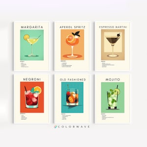 6er Set Cocktail Kunst | Aperol Spritz, Espresso Martini, Negroni, Margarita, Mojito, altmodische Retro-Drucke | Digital Download DRUCKBAR