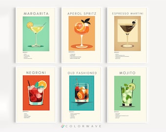 6er Set Cocktail Kunst | Aperol Spritz, Espresso Martini, Negroni, Margarita, Mojito, altmodische Retro-Drucke | Digital Download DRUCKBAR