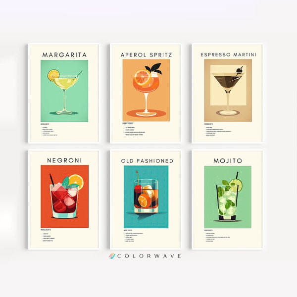 Set of 6 Cocktail Art | Aperol Spritz, Espresso Martini, Negroni, Margarita, Mojito, Old Fashioned Retro Prints | Digital Download PRINTABLE