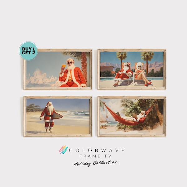 Set of 4 Santa on Vacation Retro Frame TV Images | Funny Christmas Art | Retro Wall Art | Digital Download Samsung Frame TV Wall Art Set