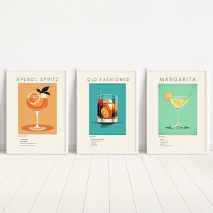 3er Set Cocktail Prints | Aperol Spritz, Altmodisch, Margarita Retro Digitale Kunst | Barwagen Dekor | Digitaler Download DRUCKBARE Wandkunst