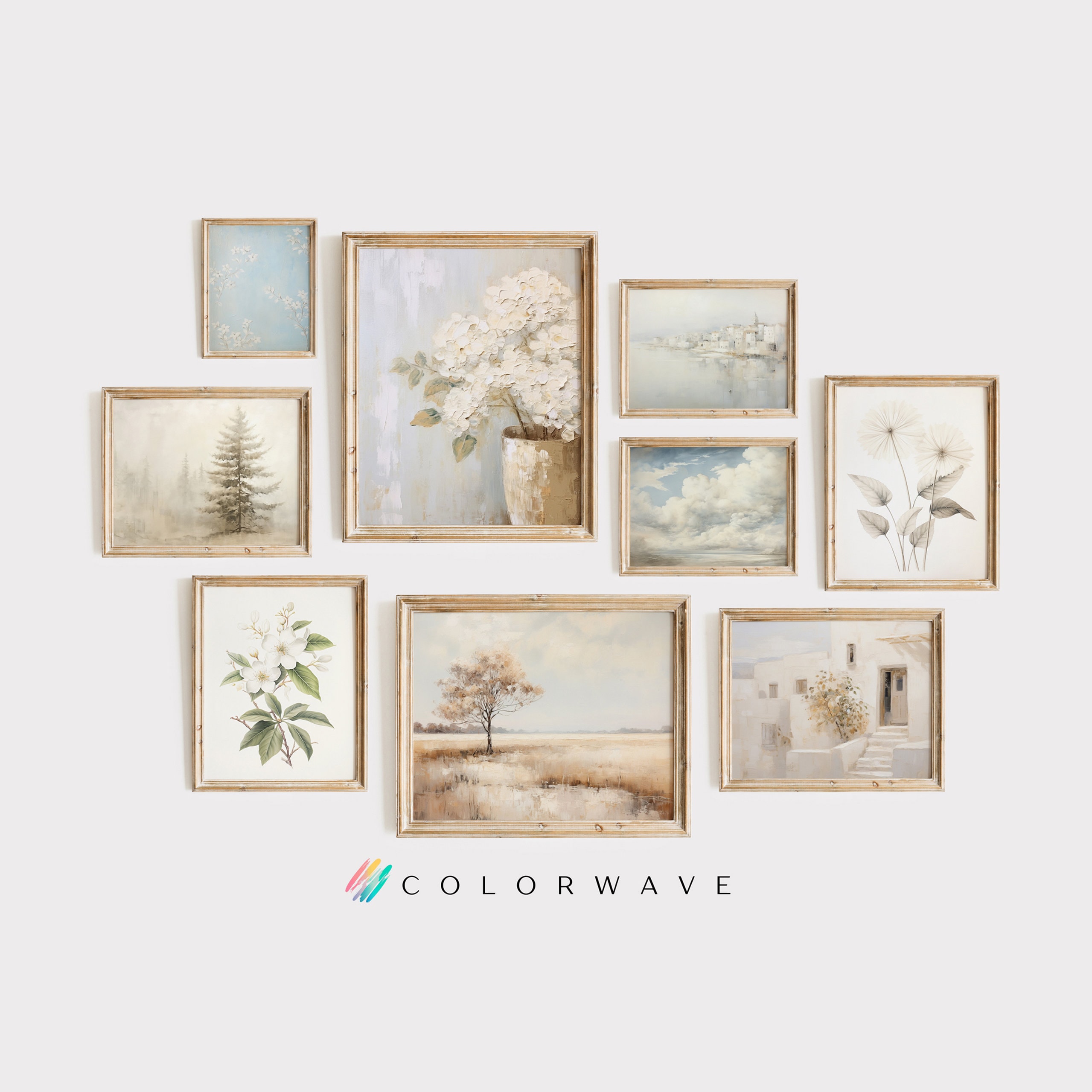 9 White Muted Vintage Prints | Farmhouse Wall Decor | Neutral Wall Art | Living Room Art | Digital Download PRINTABLE Gallery Wall Set