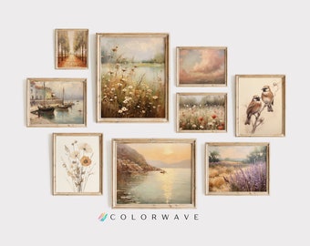 Set Of 9 French Country Prints | Vintage Farmhouse Art | Landscape Art | Light Aesthetic Wall Art | Digital Download PRINTABLE Gallery Wall