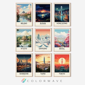 9 Retro East Asia Travel Posters | Colorful Retro City Art | Vintage Posters | Travel Decor | Digital Download PRINTABLE Wall Art Set