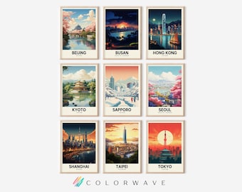 9 Retro East Asia Travel Posters | Colorful Retro City Art | Vintage Posters | Travel Decor | Digital Download PRINTABLE Wall Art Set