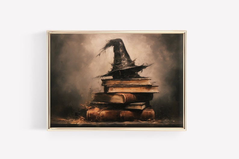 Hexenhut auf Bücher Rustikaler Halloween Print Gruselige Wandkunst Witchy Wandkunst Halloween Kunst Digitaler Download DRUCKBARE Vintage Wandkunst Bild 7