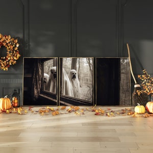 Ghost Outside Window Moody Halloween Triptych | Witchy Wall Art | Gothic Art | Spooky Art | Digital Download Halloween PRINTABLE Wall Art