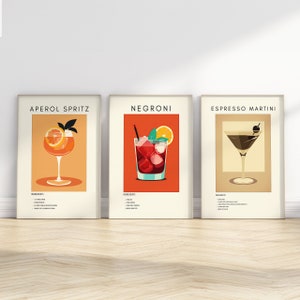 3er Set Cocktail Prints | Aperol Spritz, Negroni, Espresso Martini Retro Digitale Kunst | Barwagen Dekor | Digitaler Download DRUCKBARE Wandkunst