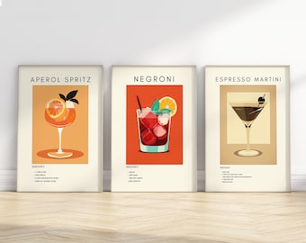 Set of 3 Cocktail Prints | Aperol Spritz, Negroni, Espresso Martini Retro Digital Art | Bar Cart Decor | Digital Download PRINTABLE Wall Art