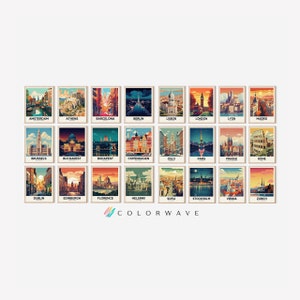 24 carteles de viajes europeos retro / Arte urbano retro colorido / Póster vintage / Decoración de viajes / Juego de arte de pared para galería para imprimir con descarga digital