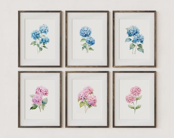 Set Of 6 Blue and Pink Watercolor Hydrangea Prints | Floral Wall Art | Botanical Wall Art | Digital Download PRINTABLE Gallery Wall Set