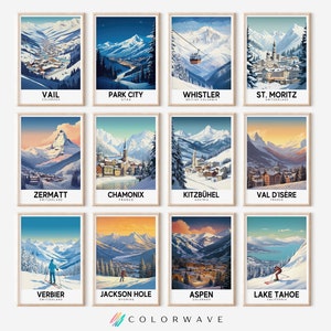 12 carteles de viajes de estaciones de esquí retro / arte mural de montaña / decoración de cabañas / póster vintage / arte mural de esquí / arte mural imprimible con descarga digital