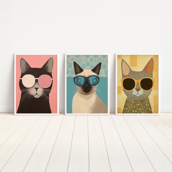 Set of 3 Sunglass Cat Art Prints | Retro Wall Art | Colorful Modern Art | Cat Lover Gift | Digital Download PRINTABLE Cat Decor