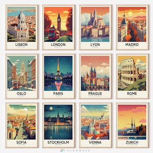 12 Vintage europäische Reiseplakate | Bunte Vintage Stadt Kunst | Retro Poster | Reise Dekor | Digitaler Download DRUCKBARE Galerie-Wand-Set