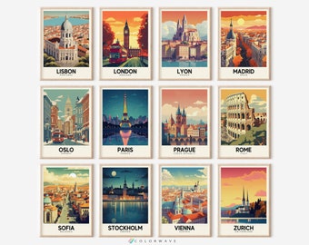 12 Vintage European Travel Posters | Colorful Vintage City Art | Retro Posters | Travel Decor | Digital Download PRINTABLE Gallery Wall Set