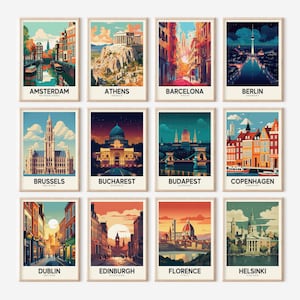 12 carteles de viajes europeos retro / Arte urbano retro colorido / Carteles vintage / Decoración de viajes / Juego de arte mural imprimible con descarga digital