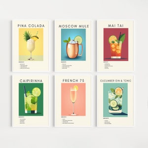 6 impresiones de cócteles para patio / Arte mural de cócteles clásicos / Impresiones minimalistas de alcohol / Arte mural retro / Descarga digital Arte de carrito de bar IMPRIMIBLE
