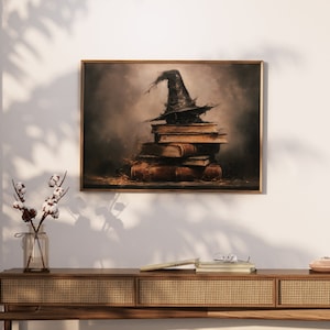 Hexenhut auf Bücher Rustikaler Halloween Print Gruselige Wandkunst Witchy Wandkunst Halloween Kunst Digitaler Download DRUCKBARE Vintage Wandkunst Bild 3