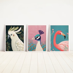 Juego de 3 impresiones de pájaros para pared, flamencos, pavos reales y cacatúas, decoración moderna de pájaros en tonos pastel, carteles de pájaros para imprimir con descarga digital