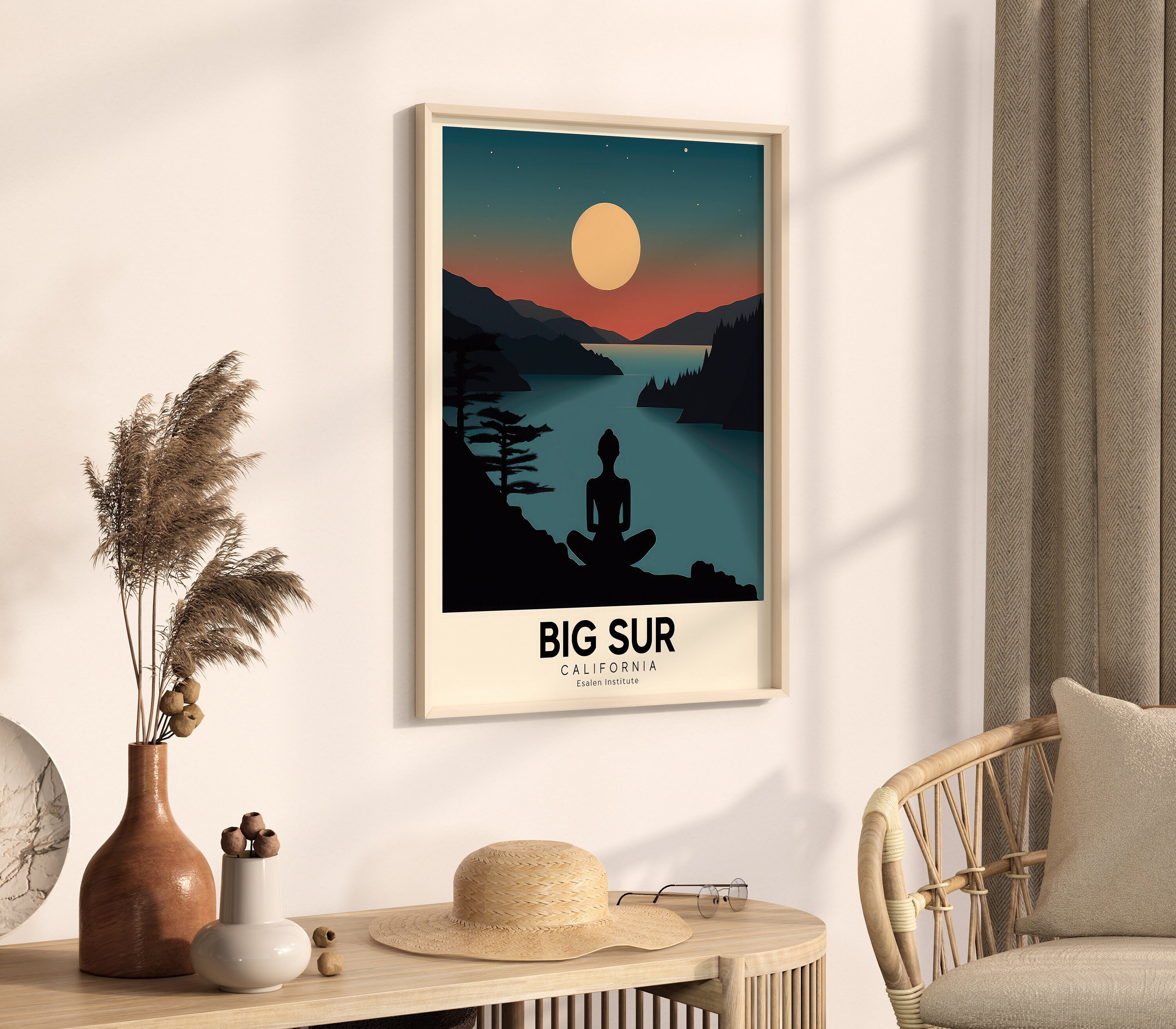 Poster di viaggio per ritiro yoga retrò Big Sur / Arte retrò colorata / Regali yoga / Poster vintage / Download digitale STAMPABILE Wall Art