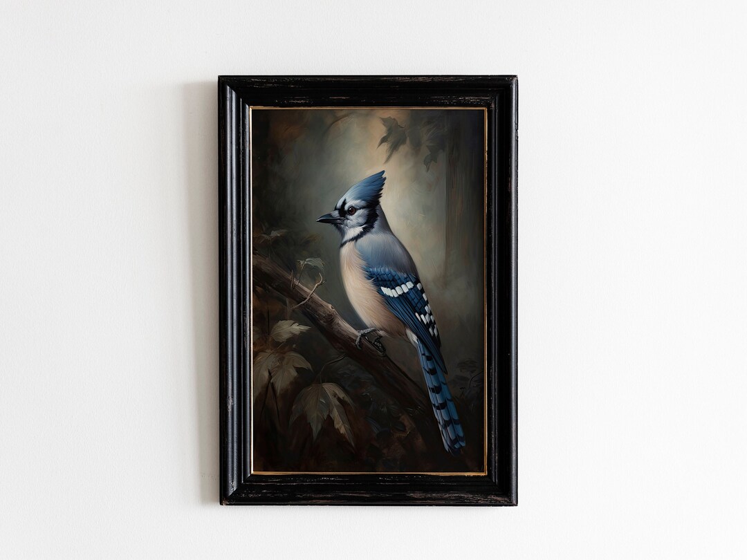 Vintage Blue Jay Bird Print Antique Bird Wall Art Moody Vintage Decor