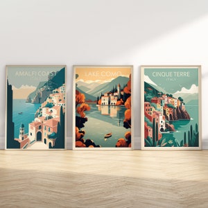Set of 3 Prints, Italy Travel Posters | Amalfi, Cinque Terre, Lake Como, Retro Vintage Digital Art | Digital Download PRINTABLE Wall Art