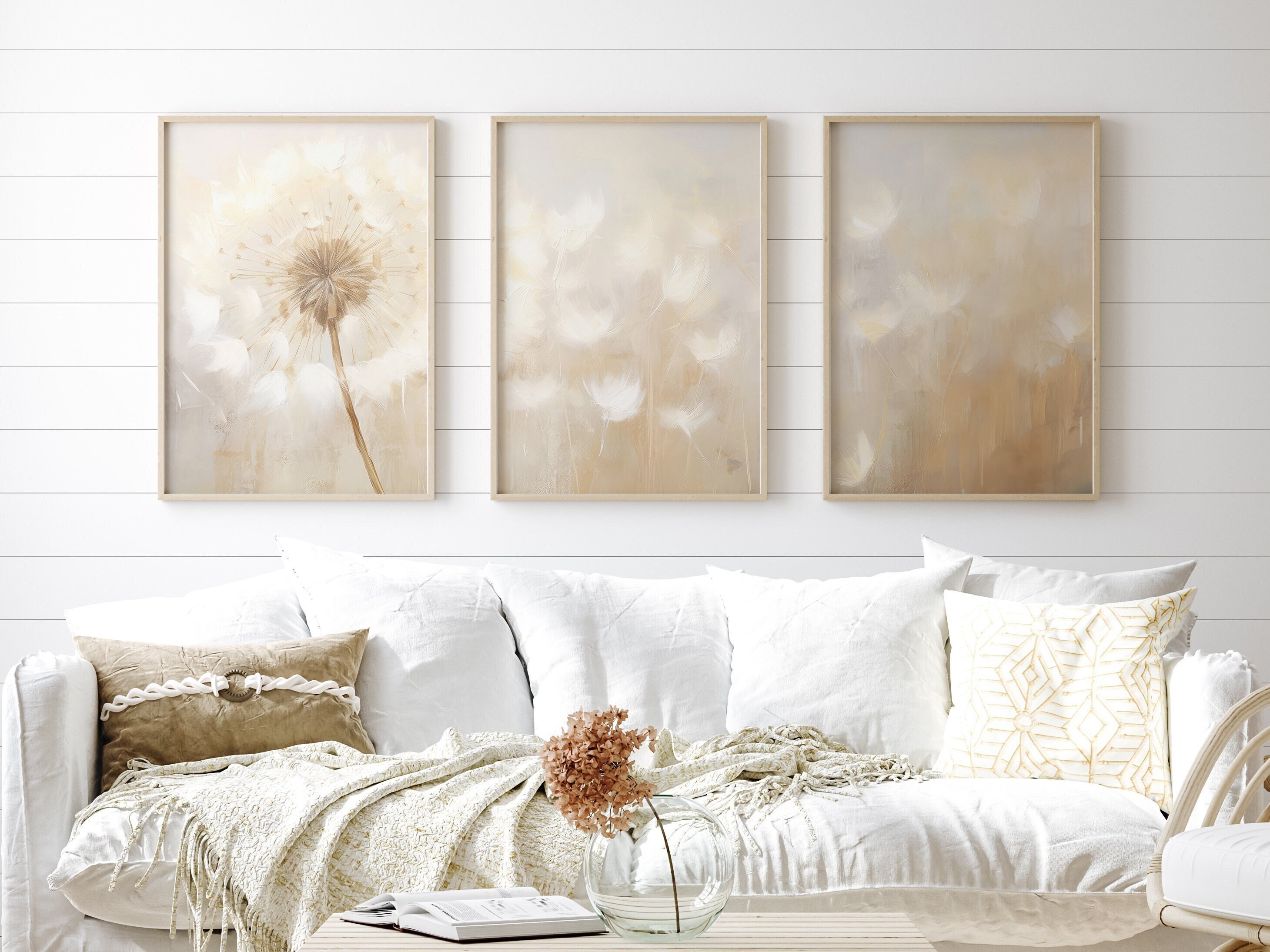 Neutral Dandelion Triptych | Farmhouse Wall Decor | Neutral Wall Art | Living Room Art | Digital Download PRINTABLE Gallery Wall Set
