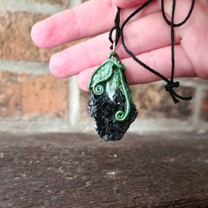 Black tourmaline leaf pendant| Stone jewelry, Protection amulet, Spiritual pendant, Black necklace, Nature jewelry, Green necklace, Fantasy