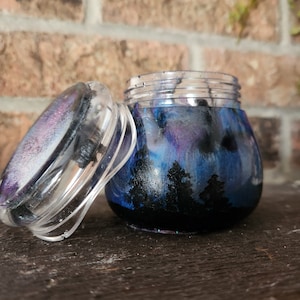 Blue,Purple, and Black treescape jar| Epoxy stash jar, Forest jar, Galaxy jar,Night jar, Jewelry box, Office gift, desk decor, home decor