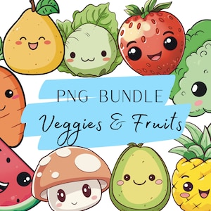 Könnte beinhalten: Ein Set mit Cartoon-Illustrationen von Obst und Gemüse mit niedlichen Gesichtern. Das Set enthält eine Birne, eine Erdbeere, Brokkoli, eine Karotte, eine Wassermelone, einen Pilz, eine Avocado und eine Ananas. Die Illustrationen sind in einem hellen, farbenfrohen Stil gehalten und eignen sich perfekt für den Einsatz in digitalen Projekten oder gedruckten Materialien.