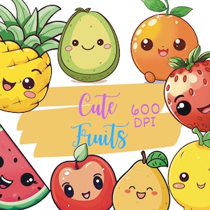 Cute Kawaii Clipart, frutta, frutta kawaii, clipart di frutta, mela, limone, fragola, avocado, uso commerciale
