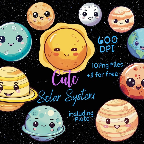 Solar System, Kawaii Clipart, Sonnensystem, süsse Kawaii png, Planeten inklusive Pluto, png, clipart, sticker, goodnotes