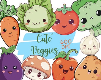 Cute kawaii clipart, veggies, vegetables kawaii, mushroom, carrot, eggplant, tomato, commercial us, png