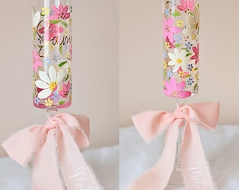 Hand Painted Floral Champagne Flute | Personalized Bridesmaid Glass | Custom Bridal party gift | Spring wedding toasting flute