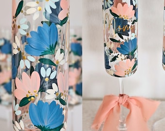 Hand Painted Floral Champagne Flute | Personalized Bridesmaid Glass | Custom Bridal party gift | Spring wedding toasting flute