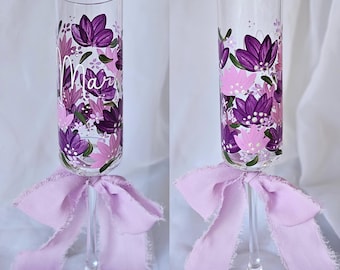 Hand Painted Floral Champagne Flute | Personalized Wedding Keepsake | Bridal party gift