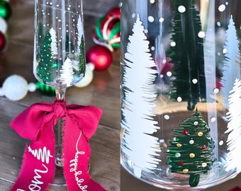 Hand Painted Christmas party Champagne Flute | Personalized christmas Glass | Mom Gift | Custom Winter Glassware