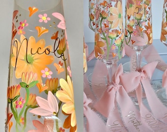 Hand painted Sunset Floral Champagne Flute, Wedding toasting, Personalized Bridal Gift, bride gift