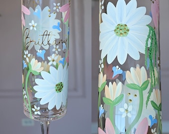 Hand Painted Floral Champagne Flute |Personalized Bridal Party Glass | Custom Bridesmaid gift | spring wedding glass