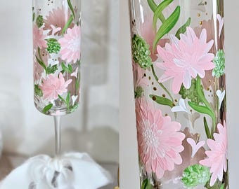 Hand Painted Champagne Flute, Pink Floral Wedding Glass, Personalized Bridal Champagne Glass, Bridesmaid Gift, Custom bride gift