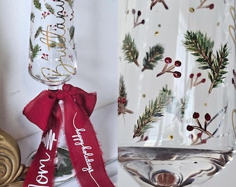 Hand Painted Christmas party Champagne Flute | Personalized christmas Glass | Mom Gift | Custom Winter Glassware