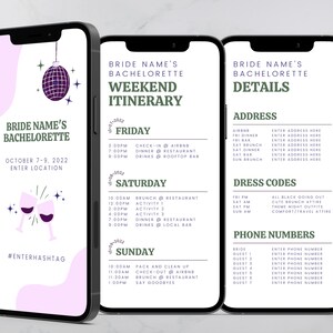 Mobile Bachelorette Itinerary Template, Editable on Canva, Digital Itinerary, Download, Print, for Bridal Party, Guests - Disco