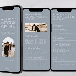 Mobile Wedding Itinerary Template, Editable on Canva, Digital Itinerary, Download, Print, for Wedding Party, Bridal Party, Guests - Denim
