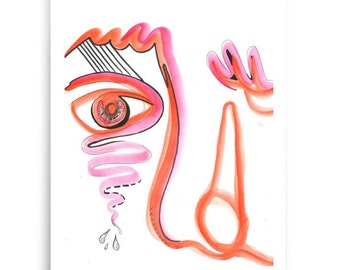 Abstract Face Watercolor & Ink Art, Modern Wall Art, Trendy Aesthetic Art, Line Art, Contemporary Art